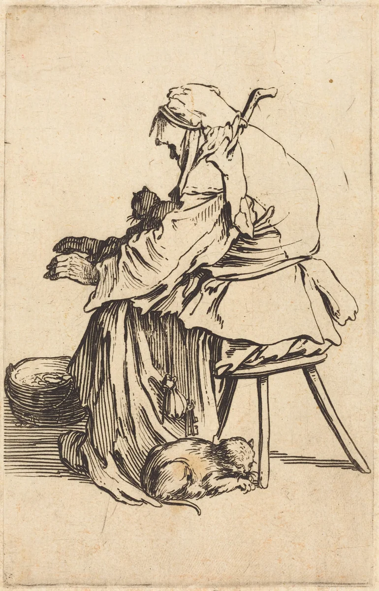 Old Woman with Cats by Jacques Callot, print, 1622