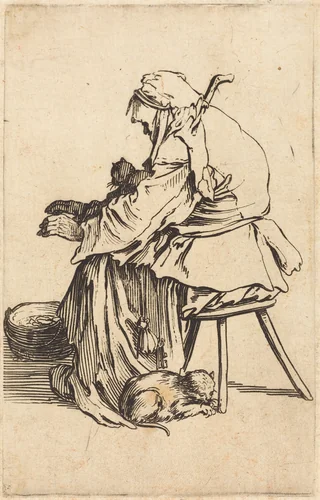 Old Woman with Cats by Jacques Callot, print, 1622
