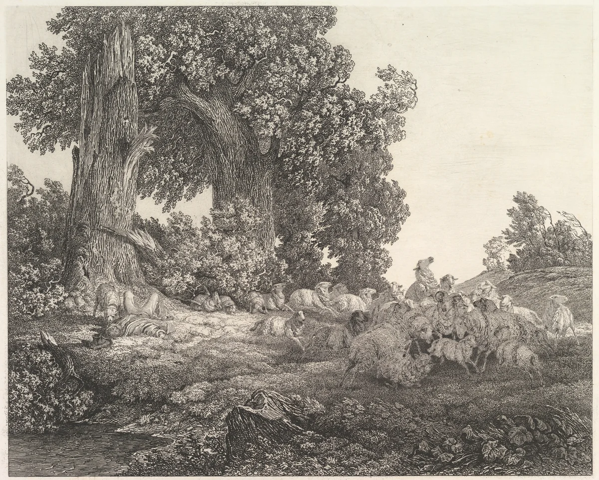 Ideal Landscape with Sleeping Shepherd and Sheep by Heinrich Theodor Wehle, print, 1790-1805