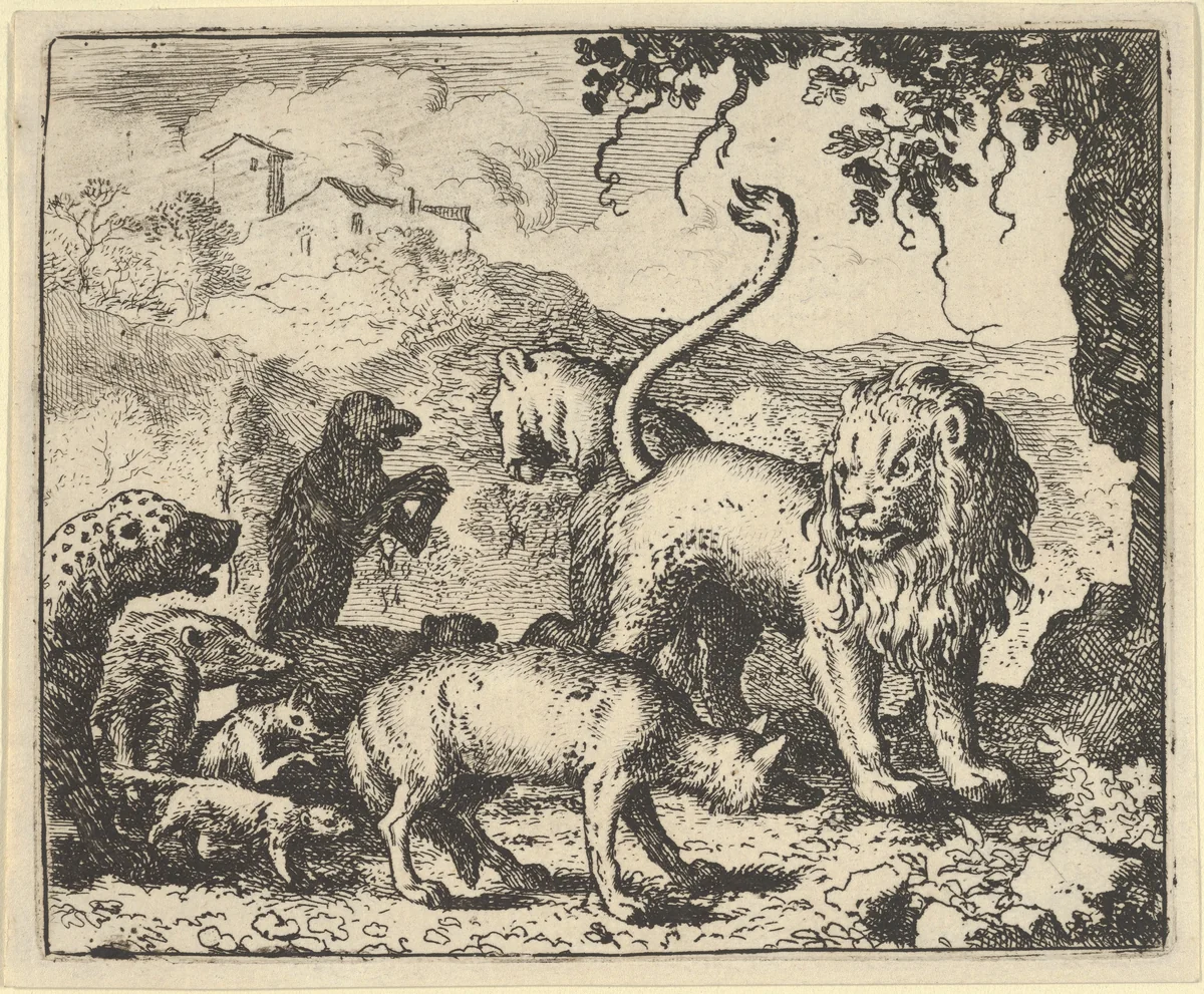 Renard is Accused by the Wolf and Several Animals from Hendrick van Alcmar's Renard The Fox by Allart van Everdingen, print, 1650-1675