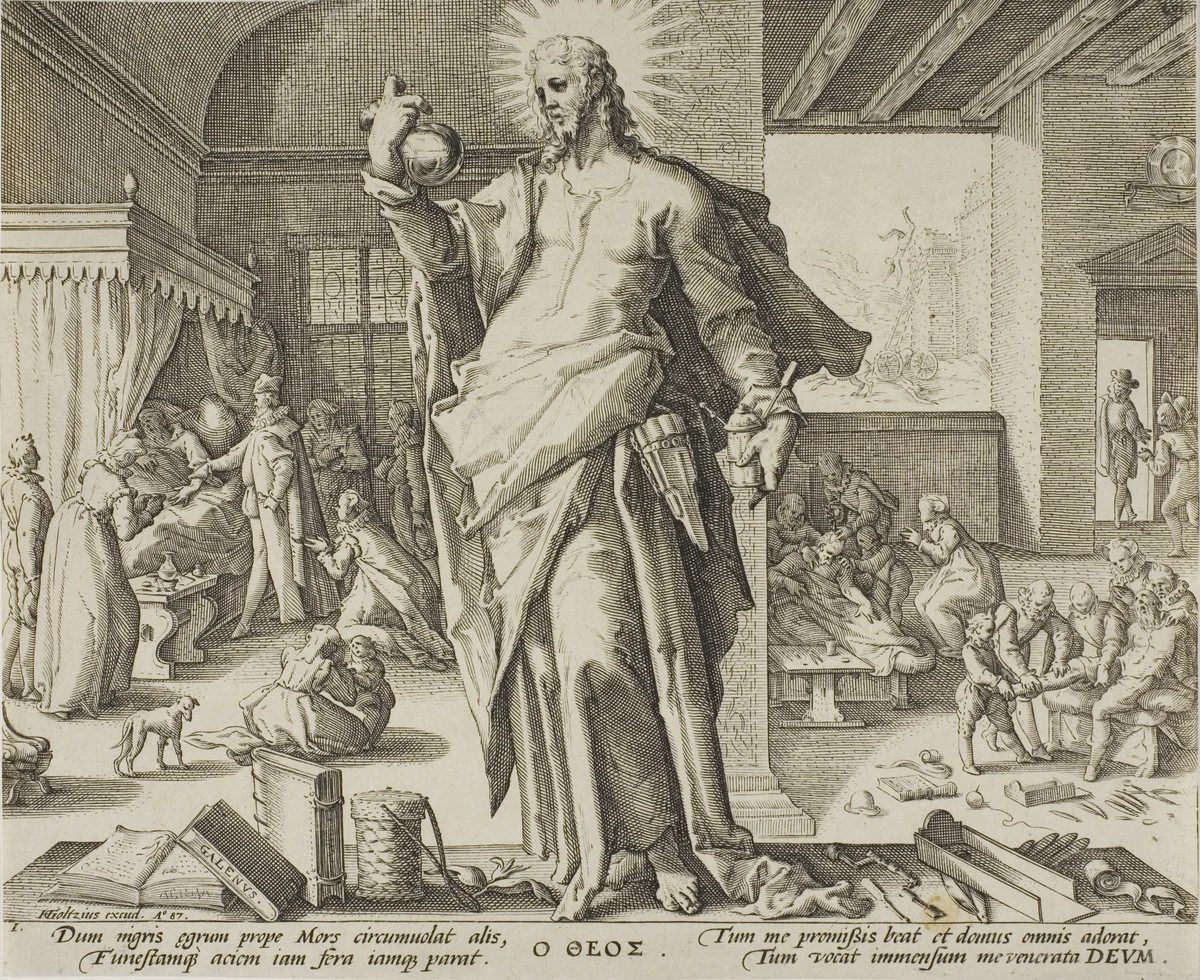 The Physician Considered as God, plate one from Allegories of the Medical Profession. by Hendrick Goltzius, print, 1582-1592