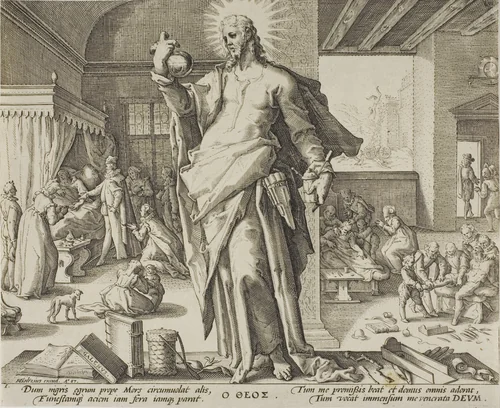 The Physician Considered as God, plate one from Allegories of the Medical Profession. by Hendrick Goltzius, print, 1582-1592