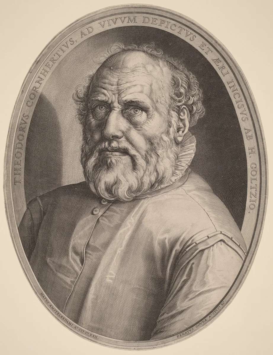Portrait of Dirck Volckertcz. Coornhert by Hendrick Goltzius, print, 1591
