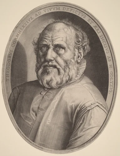 Portrait of Dirck Volckertcz. Coornhert by Hendrick Goltzius, print, 1591