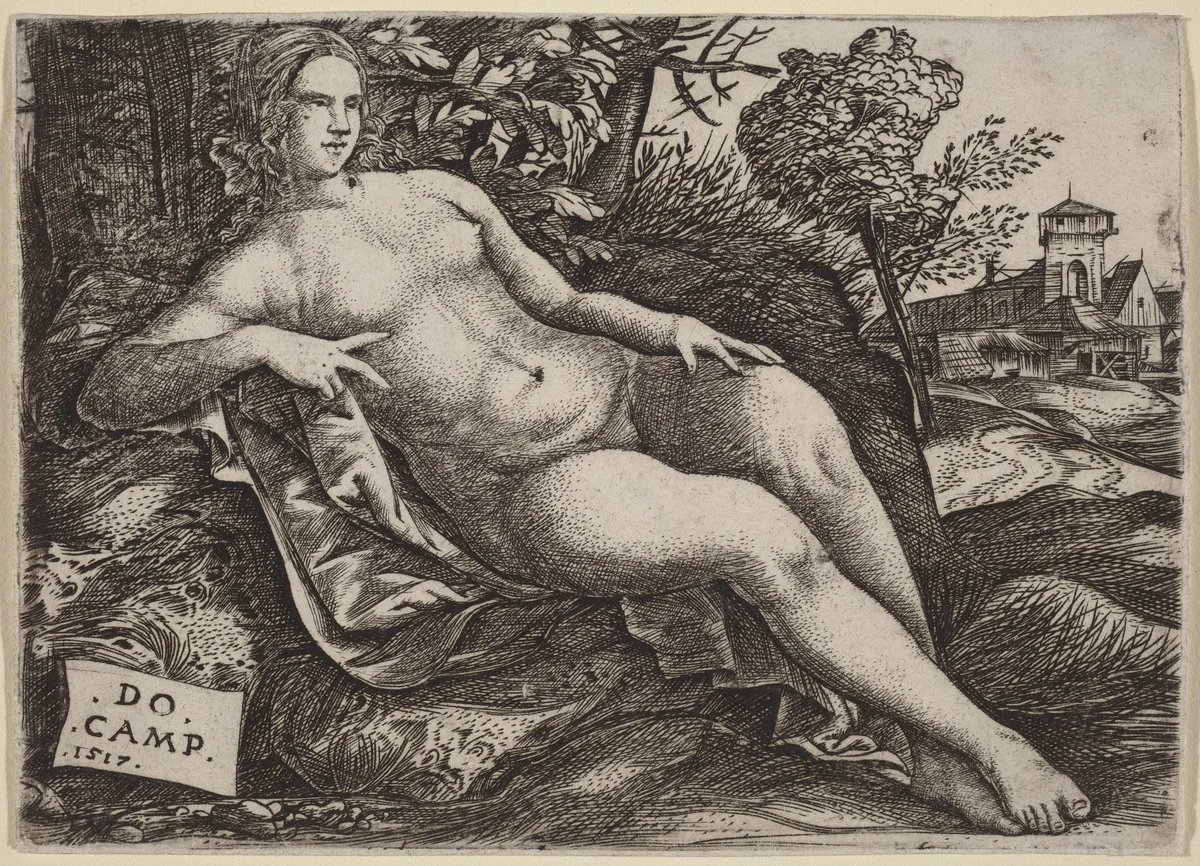 Venus Reclining in a Landscape by Domenico Campagnola, print, 1517
