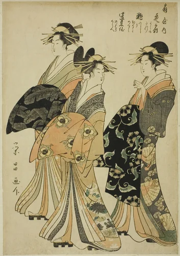 The Courtesans Hanaogi, Segawa, and Miyahito of the Ogiya by Chokosai Eisho, print, 1791-1802