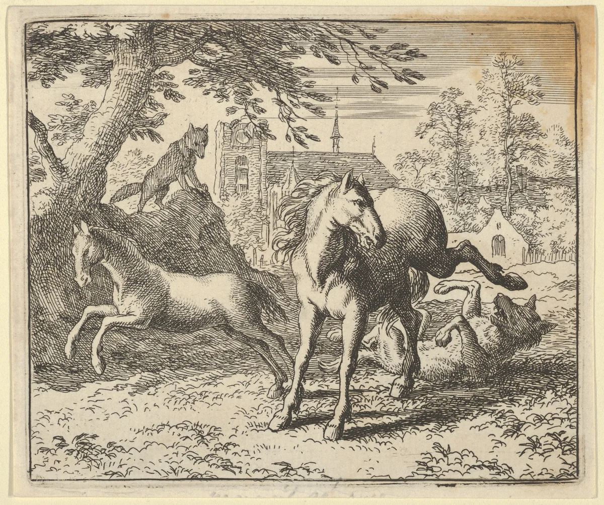 Renard Goes with the Badger to Court to Appease the Lion's Anger from Hendrick van Alcmar's Renard The Fox by Allart van Everdingen, print, 1650-1675