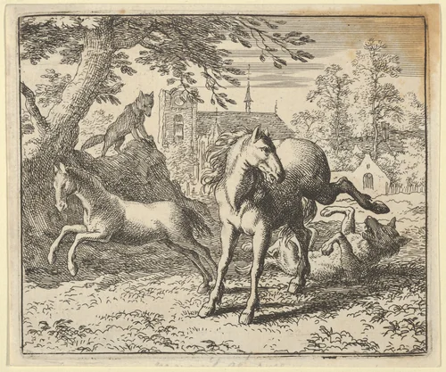 Renard Goes with the Badger to Court to Appease the Lion's Anger from Hendrick van Alcmar's Renard The Fox by Allart van Everdingen, print, 1650-1675