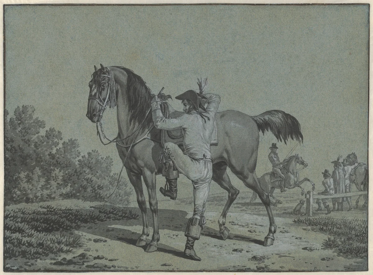 Man Mounting a Horse by Jacques François Joseph Swebach, drawing, 1783-1823