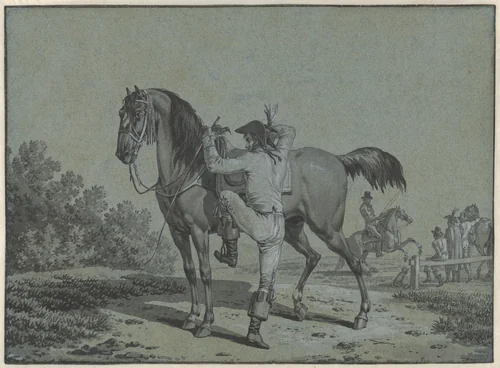 Man Mounting a Horse by Jacques François Joseph Swebach, drawing, 1783-1823