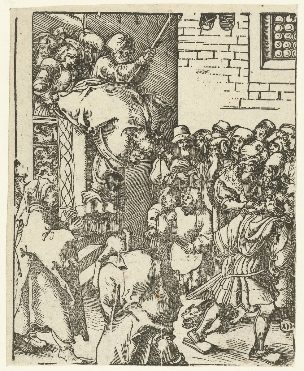 Jakobus de Mindere van balkon gegooid by Lucas Cranach, print, 1510-1514