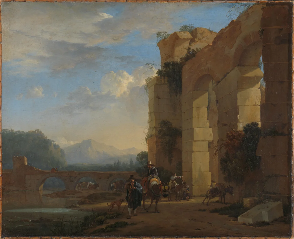 Ezeldrijvers bij een Italiaanse ruïne by Jan Asselijn, painting, 1650