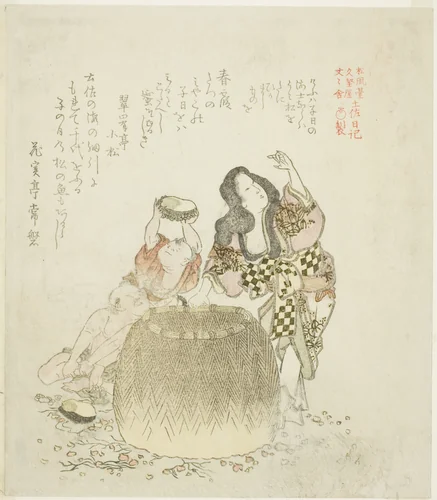 Woman and two boys gathering abalone, from the series "The Tosa Diary (Tosa nikki)" by Kubo Shunman (窪俊満), print, 1810-1819