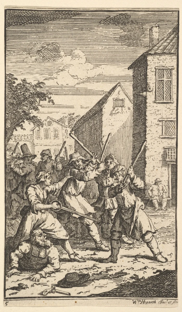 Hudibras Vanquished by Trulla (Seventeen Small Illustrations for Samuel Butler's Hudibras, no. 5) by William Hogarth, print, 1721-1726