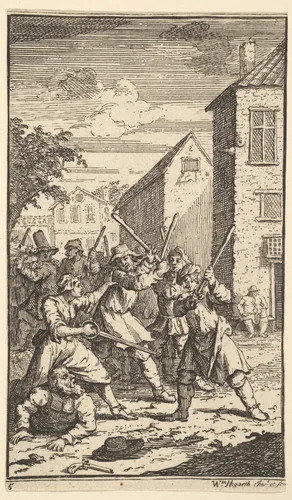 Hudibras Vanquished by Trulla (Seventeen Small Illustrations for Samuel Butler's Hudibras, no. 5) by William Hogarth, print, 1721-1726