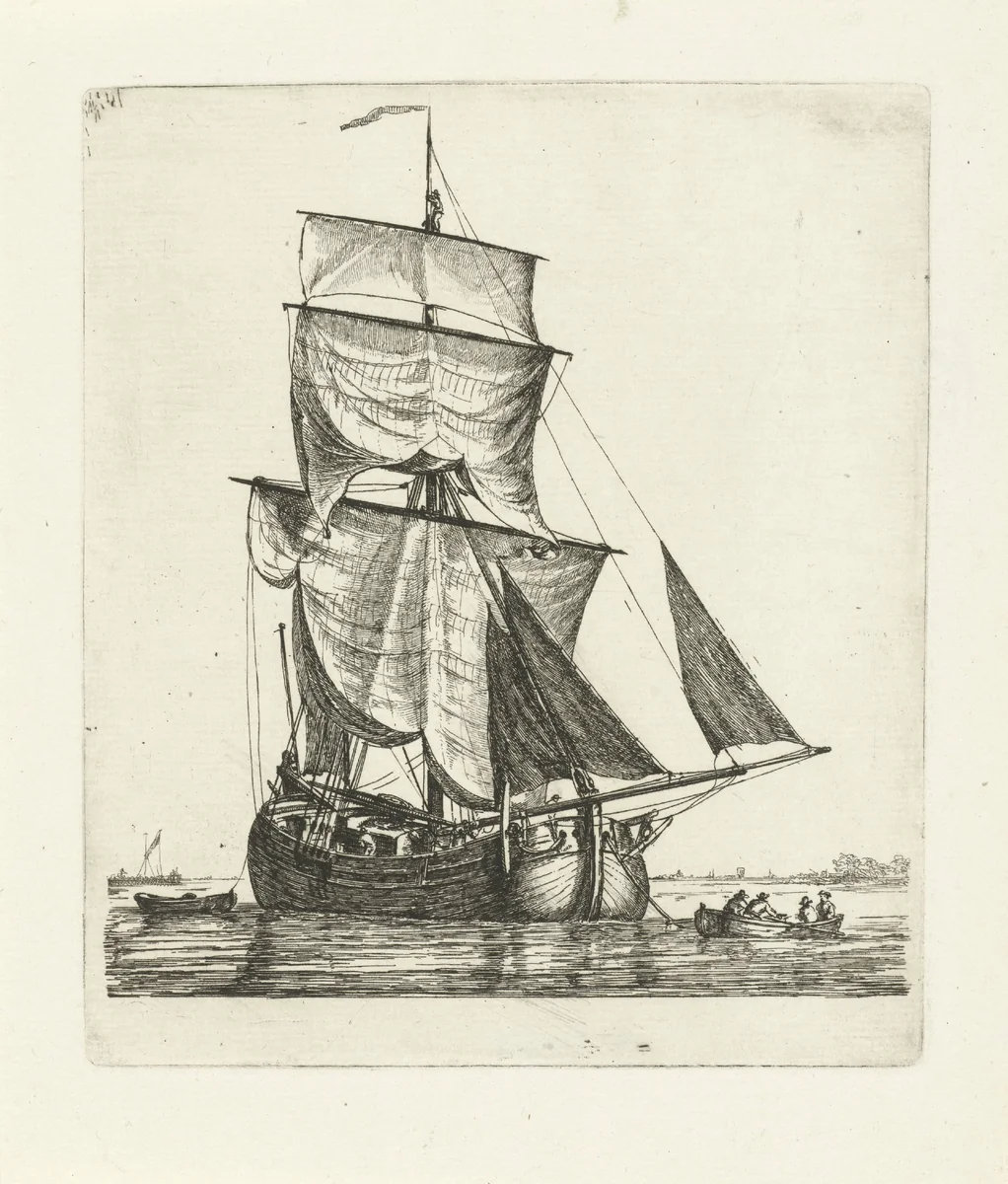 Zeilschip voor anker by Gerrit Groenewegen, print, 1790