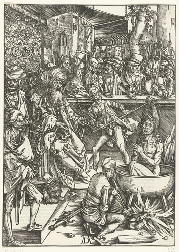 Het martelaarschap van Johannes de Evangelist by Unknown, print, 1496-1497