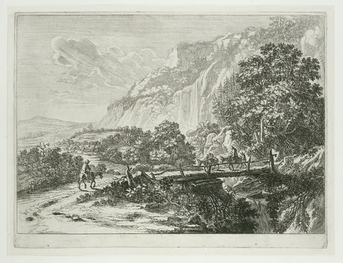 Landschap met houten brug bij Sulmona nabij Tivoli by Jan Both, print, 1644-1652