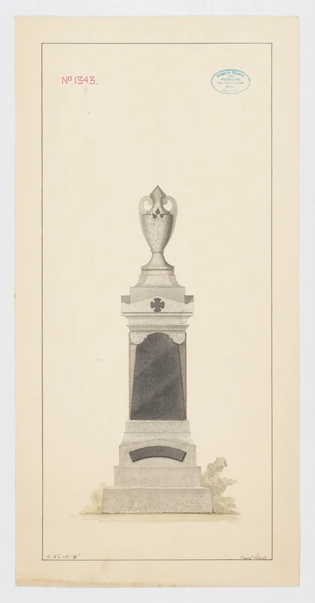 Grave Monument with Vase, No. 1343 by Alexander Maxwell, drawing, 1840-1880