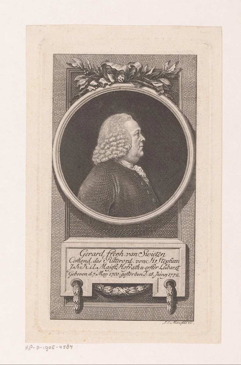 Portret van Gerard van Swieten by Johann Ernst Mansfeld, print, 1749-1796
