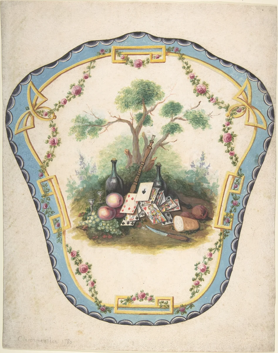 Design for a Firescreen with Picnic Scene and Playing Cards by Eugène Charpentier, drawing, 1750-1799