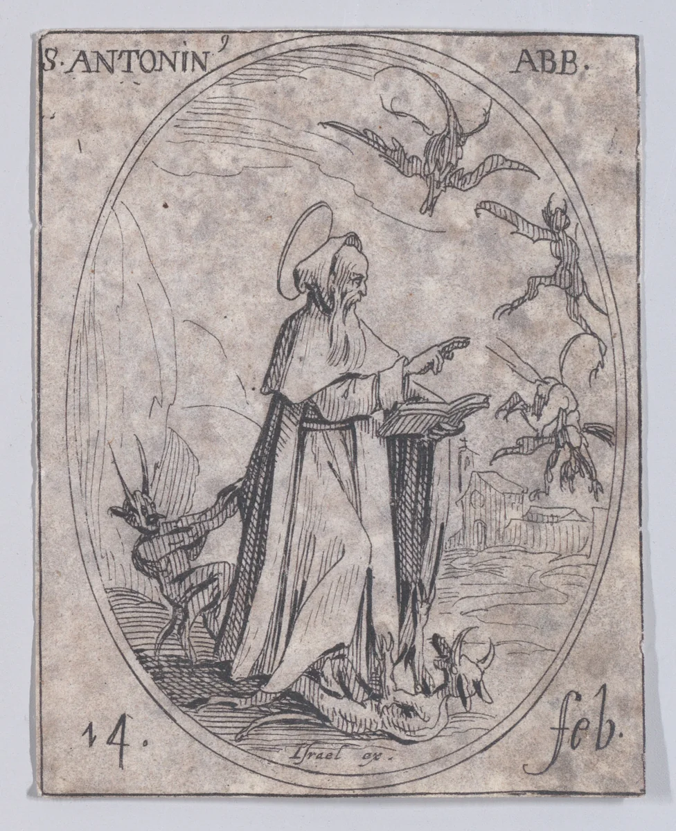 S. Antonin, abbé (St. Anthony, Abbot), February 14th, from "Les Images De Tous Les Saincts et Saintes de L'Année" (Images of All of the Saints and Religious Events of the Year) by Jacques Callot, print, 1636