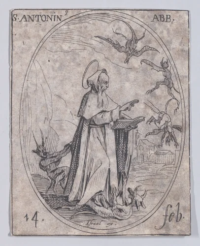 S. Antonin, abbé (St. Anthony, Abbot), February 14th, from "Les Images De Tous Les Saincts et Saintes de L'Année" (Images of All of the Saints and Religious Events of the Year) by Jacques Callot, print, 1636