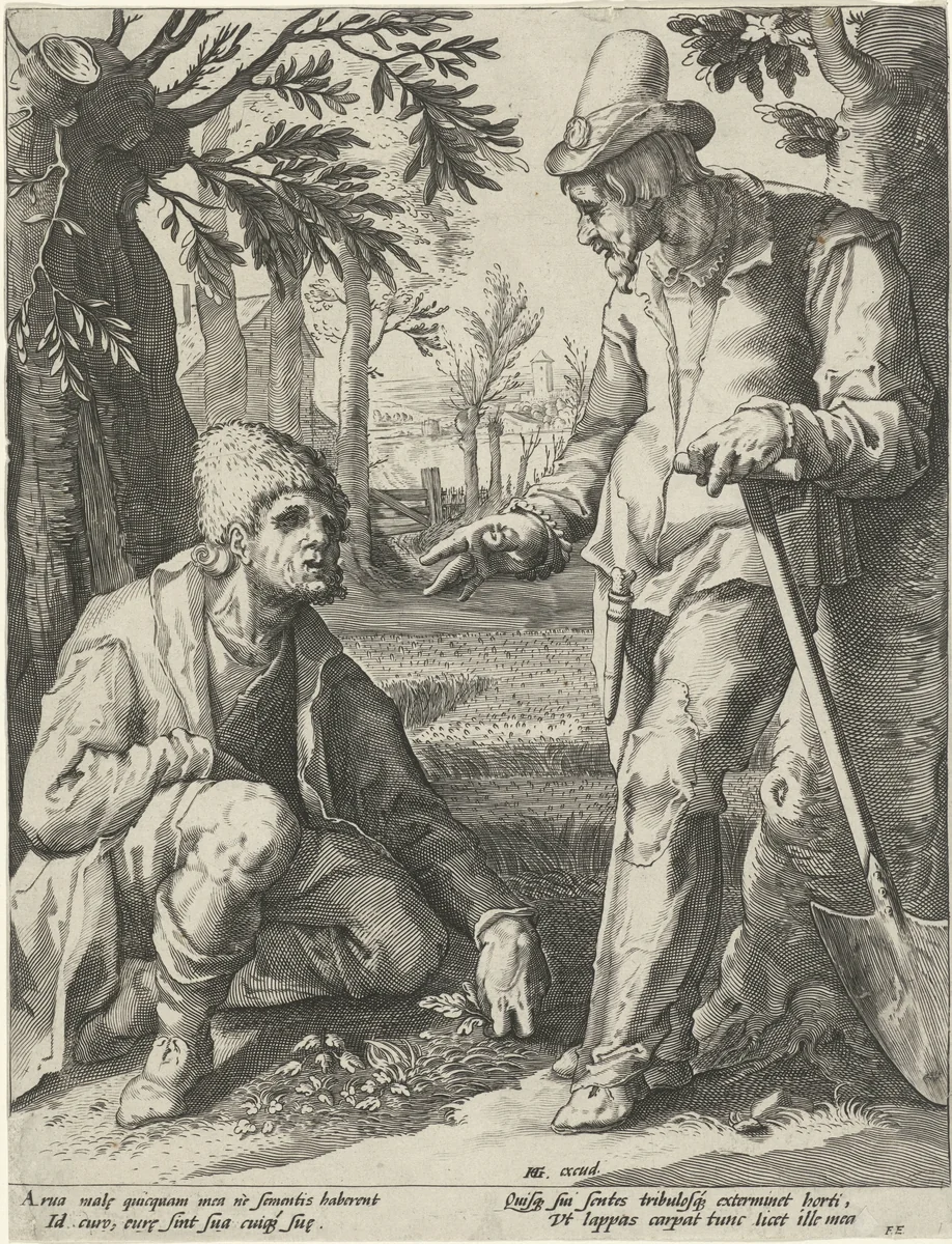 Twee boeren in gesprek: Ieder moet zijn eigen tuintje wieden by Unknown, print, 1588-1592