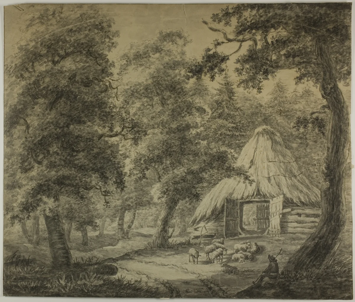 Thatched Hut in Woods with Shepherd and Sheep by Anthonie Waterloo, drawing, 1630-1690