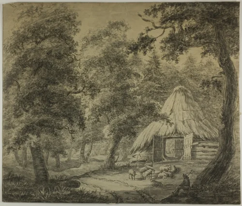 Thatched Hut in Woods with Shepherd and Sheep by Anthonie Waterloo, drawing, 1630-1690