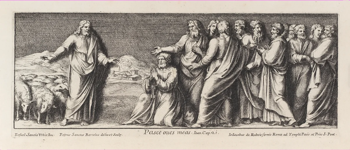 The naming of Saint Peter as Head of the Church, after Raphael's Stanza dell'incendio del Borgo, from a series of 15 plates, depicting Raphael's works for the Vatican stanze and the Sistine Chapel tapestries by Pietro Santi Bartoli, print, 1650-1670
