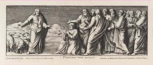 The naming of Saint Peter as Head of the Church, after Raphael's Stanza dell'incendio del Borgo, from a series of 15 plates, depicting Raphael's works for the Vatican stanze and the Sistine Chapel tapestries by Pietro Santi Bartoli, print, 1650-1670