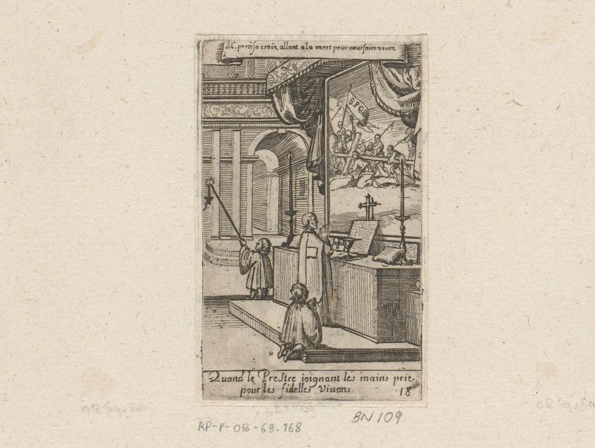 Priester met twee misdienaars voor een altaar by Sébastien Leclerc, print, 1661