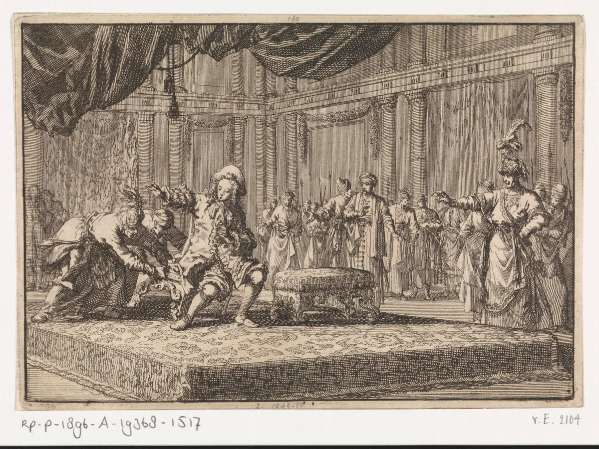Aan de Franse gezant te Constantinopel wordt de zetel ontrukt die hij had geplaatst naast de zetel van de groot-vizier, 1677 by Jan Luyken, print, 1698