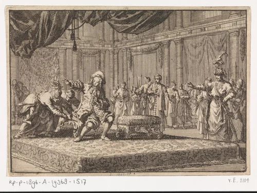 Aan de Franse gezant te Constantinopel wordt de zetel ontrukt die hij had geplaatst naast de zetel van de groot-vizier, 1677 by Jan Luyken, print, 1698