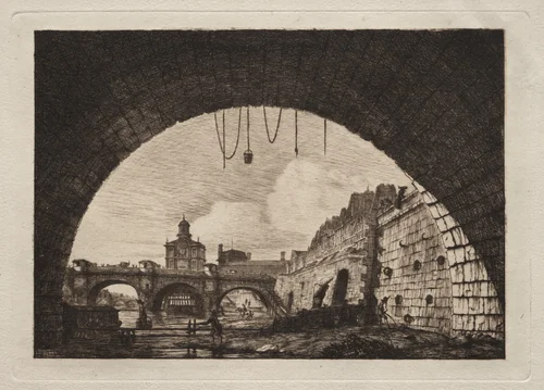The New Bridge and the Samaritaine seen from under the First Arch of the Exchange Bridge, Paris by Charles Meryon, print, 1855