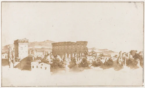 Colosseum te Rome en enkele gebouwen in de nabijheid by Jan de Bisschop, drawing, 1648-1671