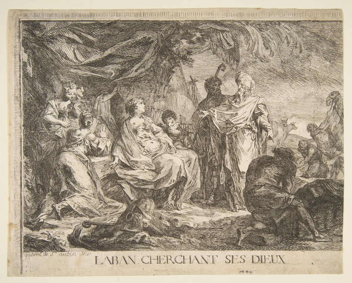 Laban cherchent ses dieux by Gabriel de Saint-Aubin, print, 1753