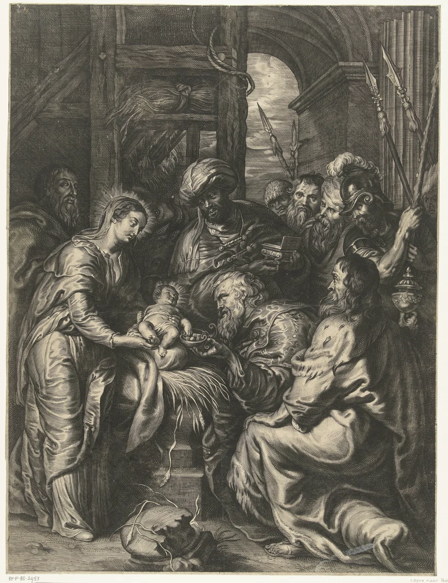 Aanbidding van het Christuskind door de drie koningen by anonymous, print, 1596-1659