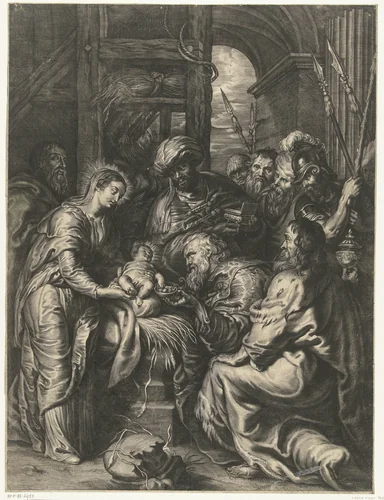 Aanbidding van het Christuskind door de drie koningen by anonymous, print, 1596-1659