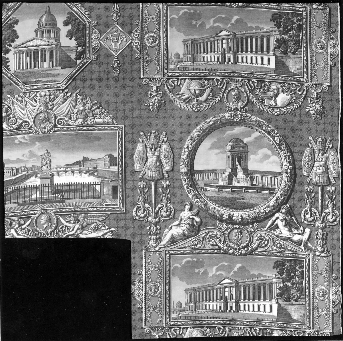 Les Monuments de Paris (The Monuments of Paris) (Furnishing Fabric) by Hippolyte Lebas, textile, 1816-1818
