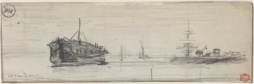 Shipping in the Port of London [recto] by Félix-Hilaire Buhot, drawing, 1884