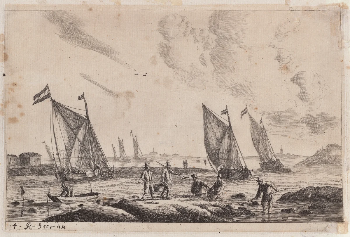 View of Inland Waterway with Fishermen by Reinier Nooms, print, 1651-1661