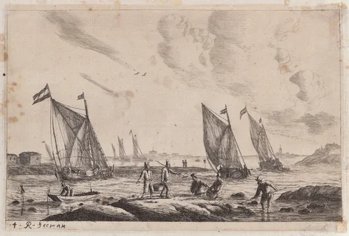 View of Inland Waterway with Fishermen by Reinier Nooms, print, 1651-1661