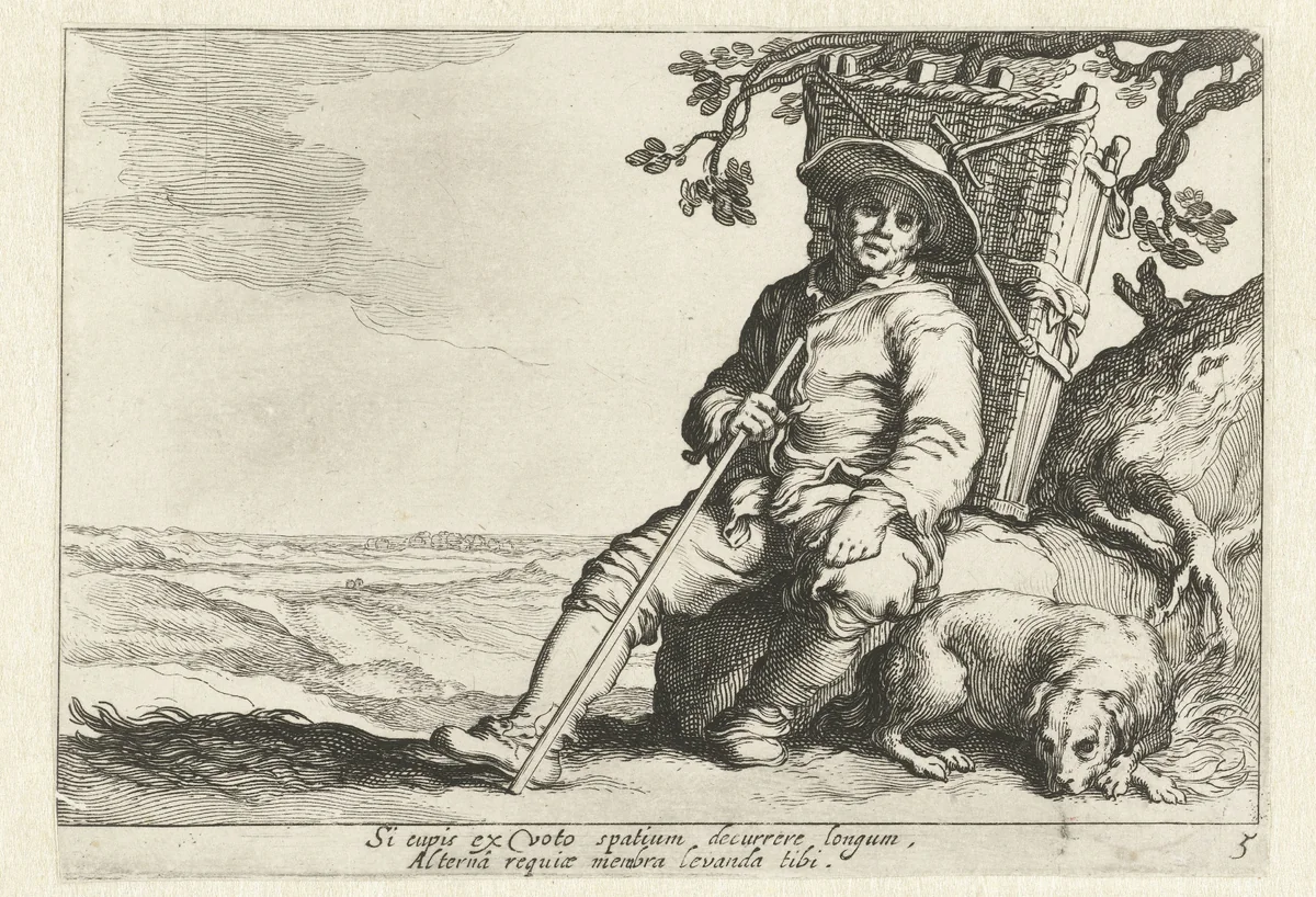 Een rustende marskramer by Cornelis Bloemaert, print, 1625