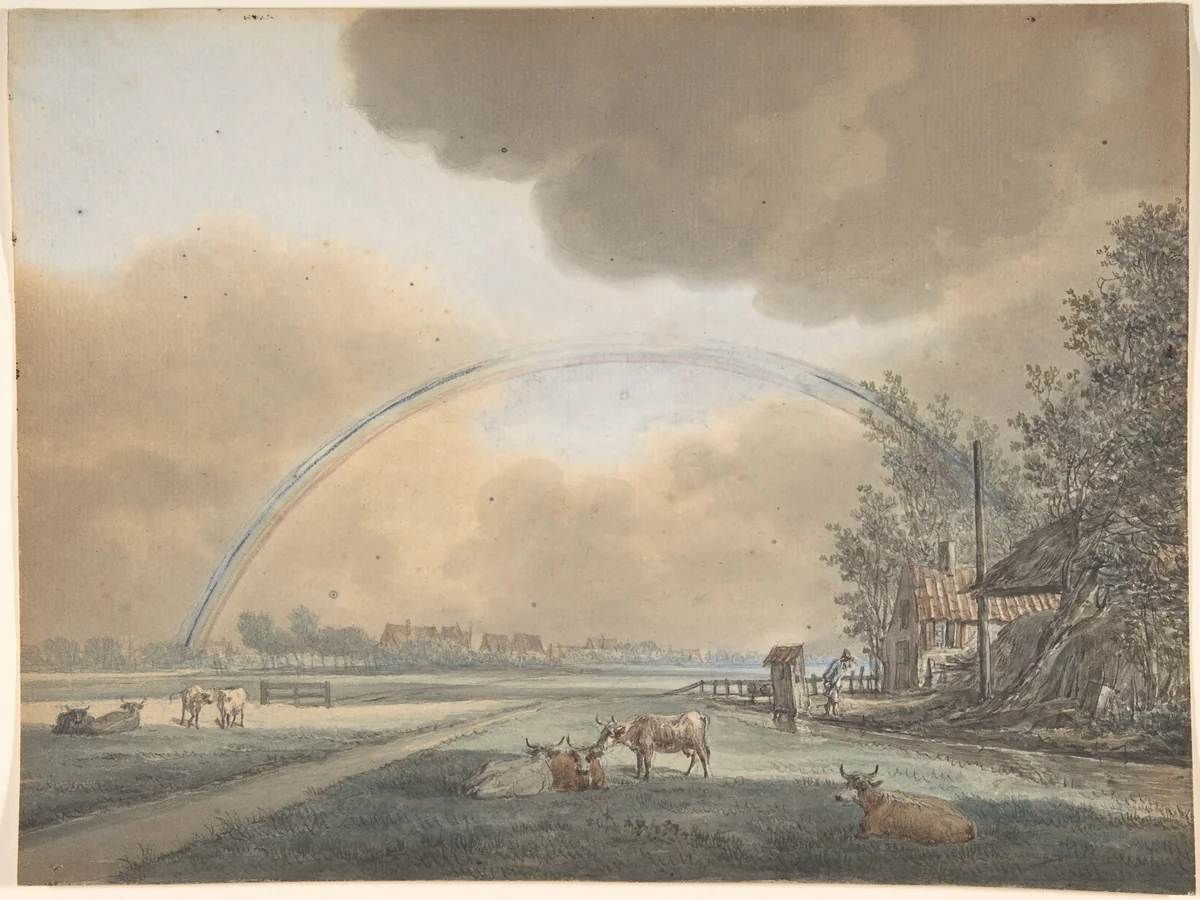 Landscape with a Rainbow over a Farmhouse and Distant Village by Vincent Jansz. van der Vinne, drawing, 1745-1811