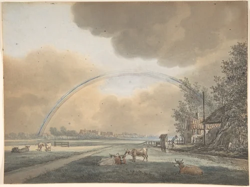 Landscape with a Rainbow over a Farmhouse and Distant Village by Vincent Jansz. van der Vinne, drawing, 1745-1811