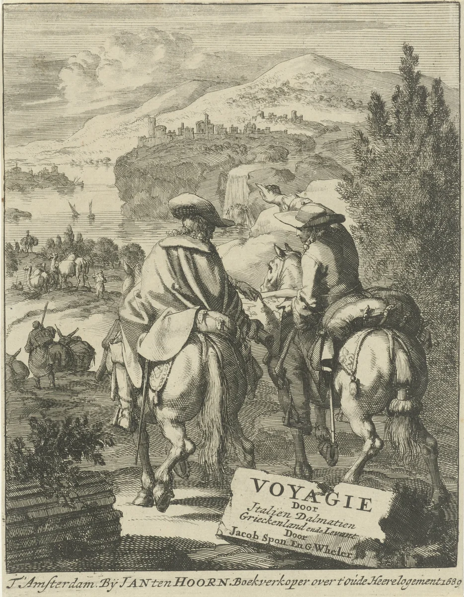 Twee reizigers te paard bestuderen een kaart by Jan Luyken, print, 1689