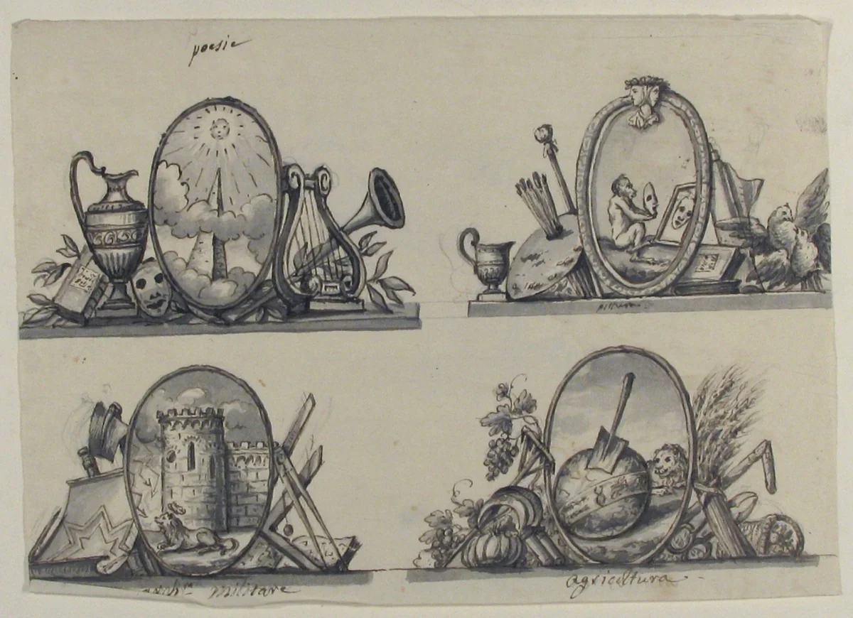 Four Designs for Emblems (recto); Sketch of Three Putti (verso) by anonymous, drawing, 1700-1800