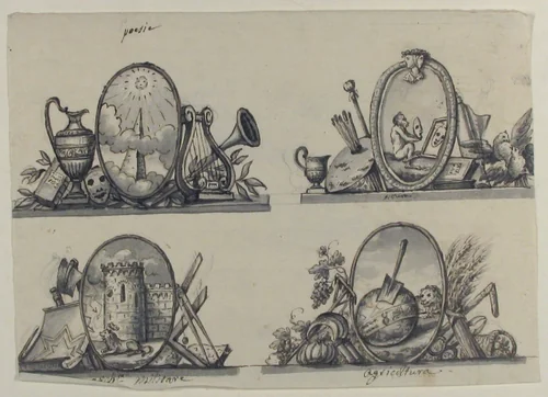 Four Designs for Emblems (recto); Sketch of Three Putti (verso) by anonymous, drawing, 1700-1800